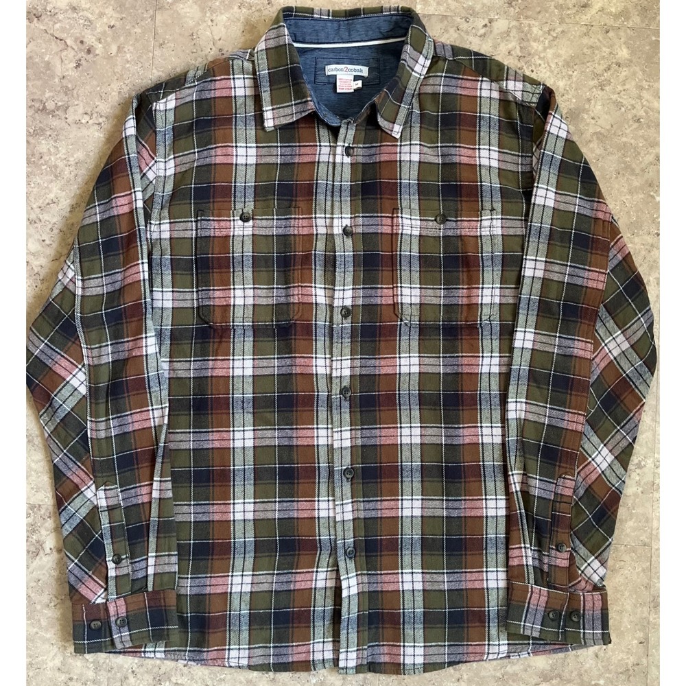 Carbon 2 Cobalt Mens‎ Plaid Flannel Button Down Shirt Green Brown Pink 133691 M - Picture 2 of 8
